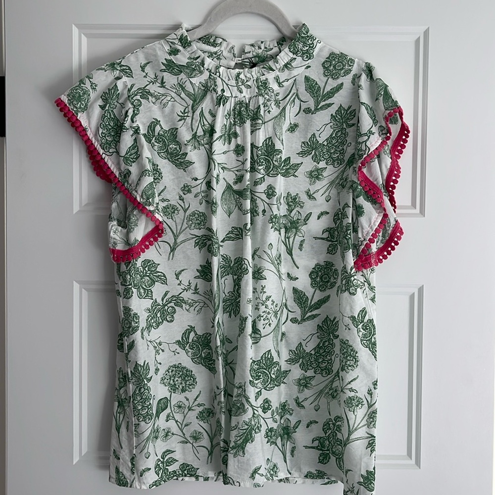 THML White and Green Botanical Print Top - Medium